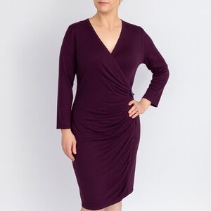 CALVIN KLEIN Dress Fine Knit Faux Wrap Vneck Side Buckle Party Workwear Purple L